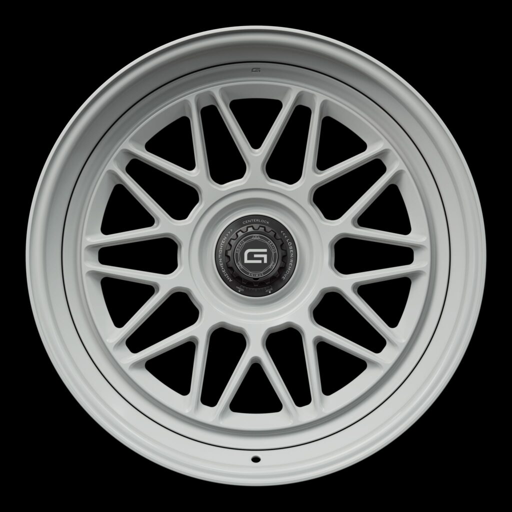Front view of a white G24 3-piece centerlock wheel from Govad Forged Heritage series